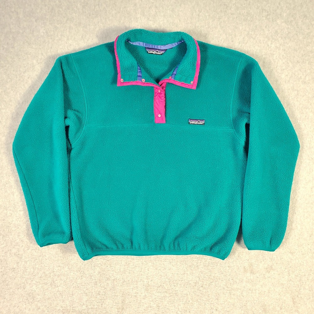 Vintage Patagonia Synchilla Fleece Pullover Mens Small T Snap Teal Pink 80s USA